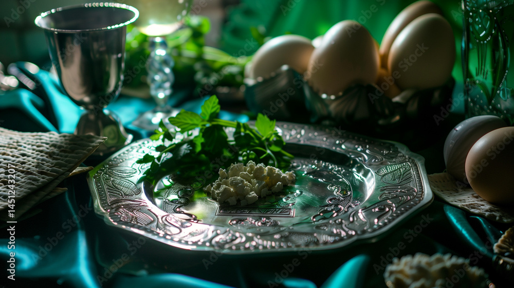 A traditional side view Passover Seder setting including a silver Seder plate, matzah, and symbolic items under soft green lighting . A traditional side view Passover Seder setting including a silver Seder plate, matzah, and symbolic items under soft green lighting .