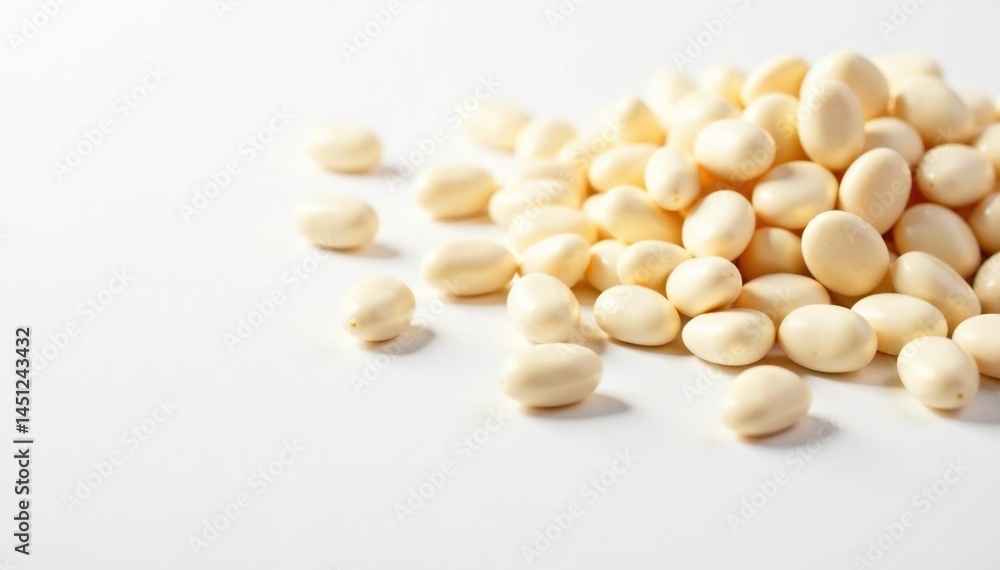 Scattered white beans on pristine white background, nature, rustic Scattered white beans on pristine white background, nature, rustic
