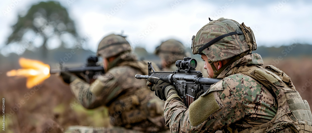 Fototapeta premium Military Personnel Shooting Rifles In Training Exercise