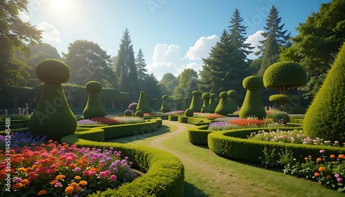 Fototapeta Naklejka Na Ścianę i Meble -  Sunlight illuminates a lush topiary garden filled with colorful flowers and manicured green hedges.