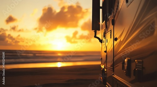 Serene sunset over seaside rv with vibrant sky and gentle waves