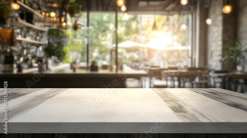 White marbel table in coffee shop blur background with bokeh