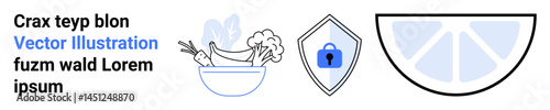 Bowl of fresh vegetables, shield with lock icon, and citrus slice. Ideal for nutrition, health, security, wellness, natural products, food safety flat landing page banner