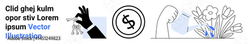 Hand holding keys, round coin with dollar sign, arm watering plants and flowers promoting trust, savings, and nurturing opportunities. Ideal for growth, investment, hope, responsibility security