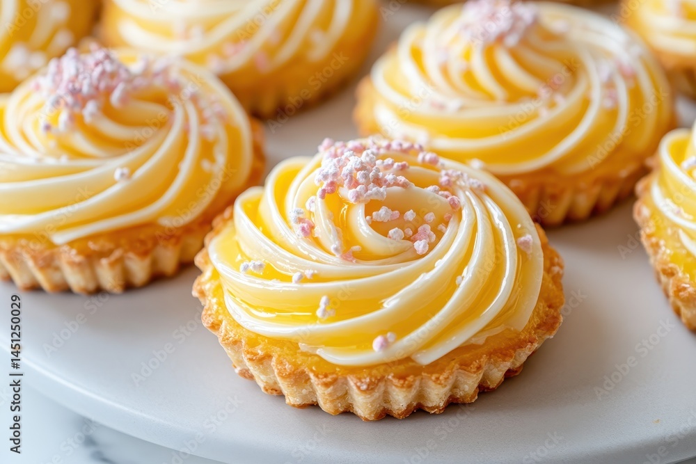 Delicious lemon tartlets with creamy frosting and pink sprinkles on a white plate Delicious lemon tartlets with creamy frosting and pink sprinkles on a white plate