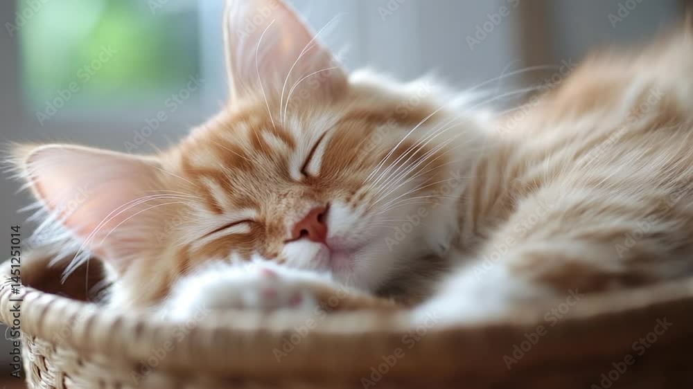 A kitten sleeps peacefully in a woven basket basking in soft natural light. Its eyes are closed and its paws are visible against a blurred background A kitten sleeps peacefully in a woven basket basking in soft natural light. Its eyes are closed and its paws are visible against a blurred background