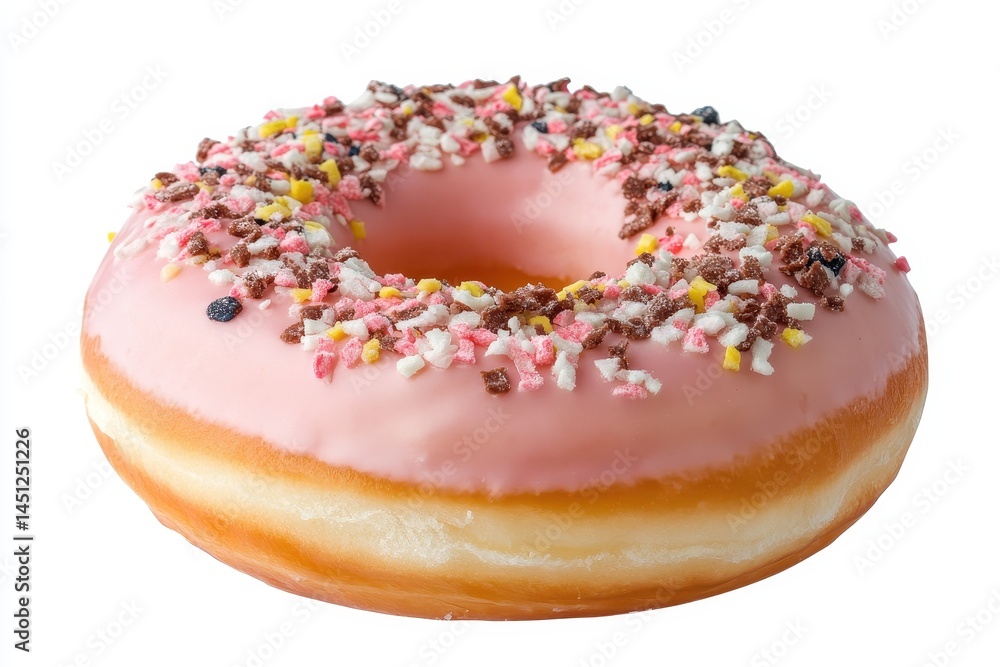 Delicious pink frosted donut topped with colorful sprinkles, isolated on a white background Delicious pink frosted donut topped with colorful sprinkles, isolated on a white background