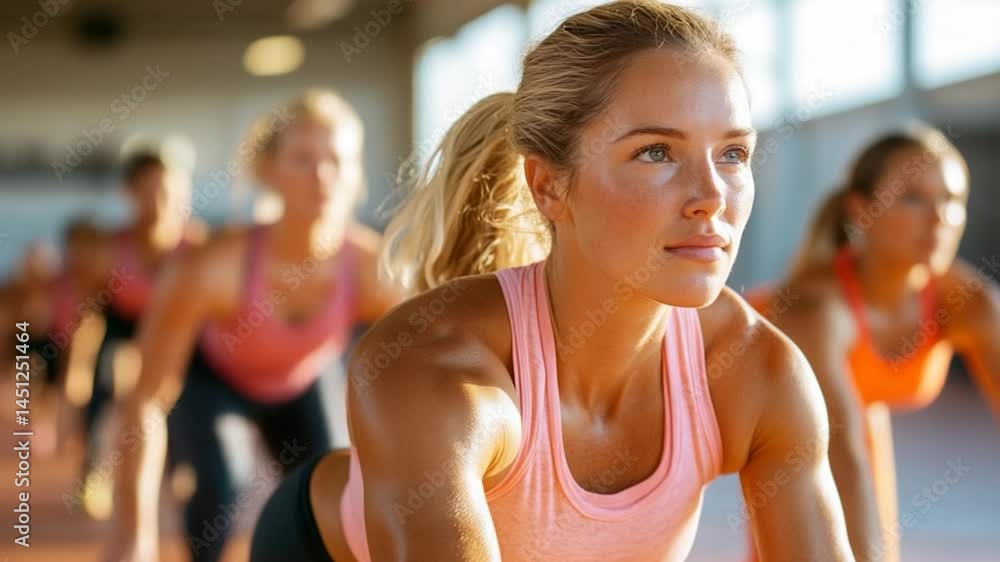 Woman in sportswear exercising with others in a gym. Focus on fitness and healthy lifestyle, with soft lighting and shallow depth of field Woman in sportswear exercising with others in a gym. Focus on fitness and healthy lifestyle, with soft lighting and shallow depth of field