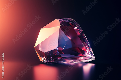 A faceted geometric crystal with a glossy surface glowing in pink and blue light, isolated on a gradient background.