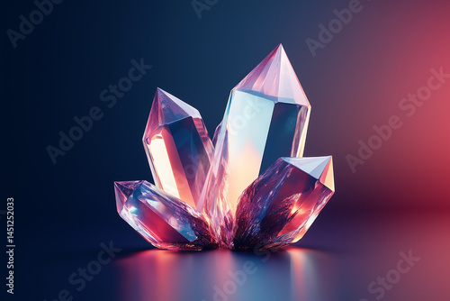 A vibrant 3D crystal cluster with faceted surfaces and glowing colors, set against a dark gradient background.