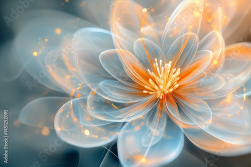 A luminous abstract flower with translucent, crystal-like petals and radiant golden core on a soft gradient background.