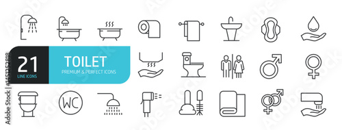 Set of line icons related to toilet, bathroom. Outline icons collection. Editable stroke. Vector illustration.