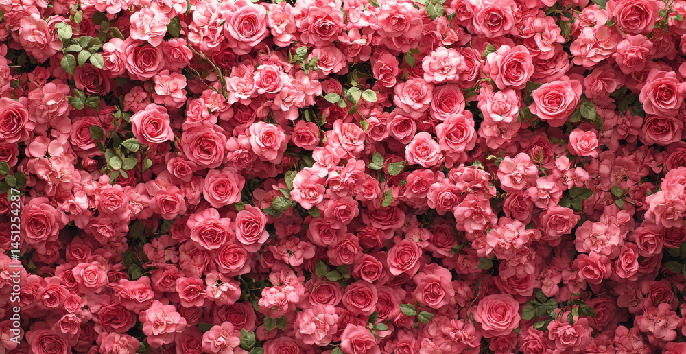 Fototapeta premium Vibrant wall of pink roses creates lush and romantic floral backdrop, perfect for celebrations or photography. dense arrangement of blooms and green leaves adds touch of elegance and beauty