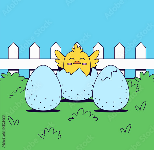 Yellow chick happily hatching from a blue egg in a grassy backyard with a white picket fence hand drawn illustration vector for new beginnings, nature, and farm life