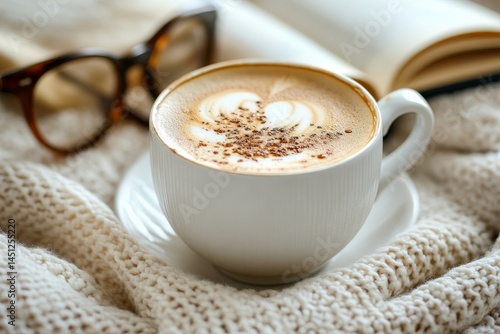 soft morning light falling on white bedsheets cup of coffee open book reading glasses peaceful and cozy atmosphere