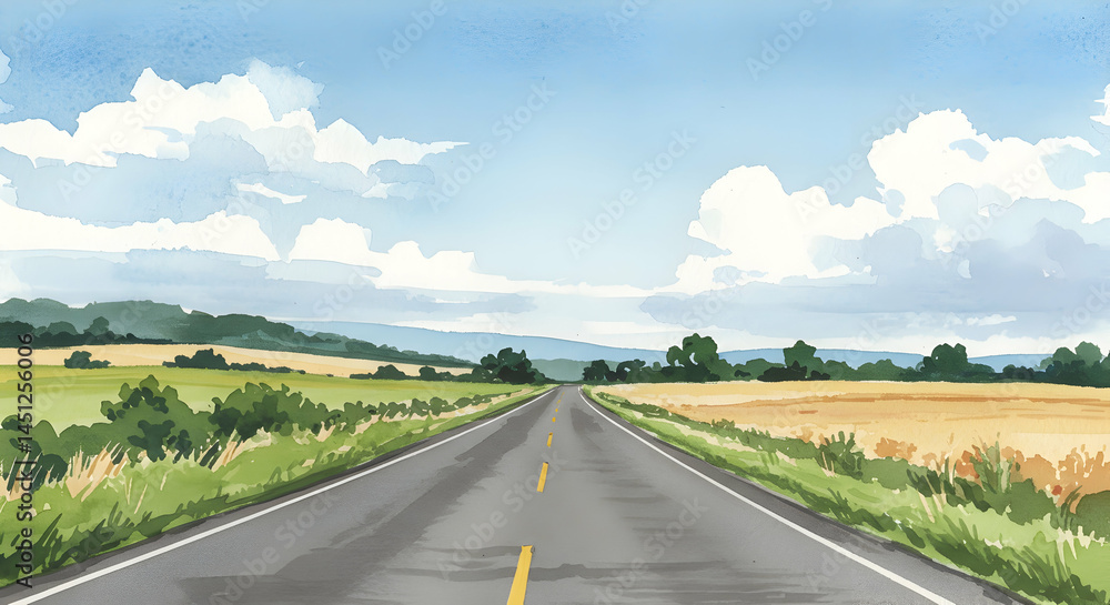 Fototapeta premium Serene Countryside Road with Lush Fields and Blue Sky Landscape
