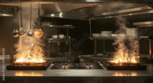 Professional Kitchen with Flames and Cooking Equipment in Action