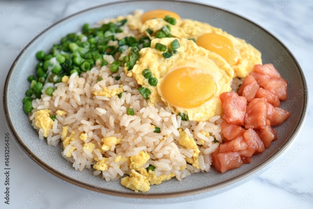 Delicious plate of fried rice topped with sunny-side-up eggs, green onions, and diced tomatoes Delicious plate of fried rice topped with sunny-side-up eggs, green onions, and diced tomatoes