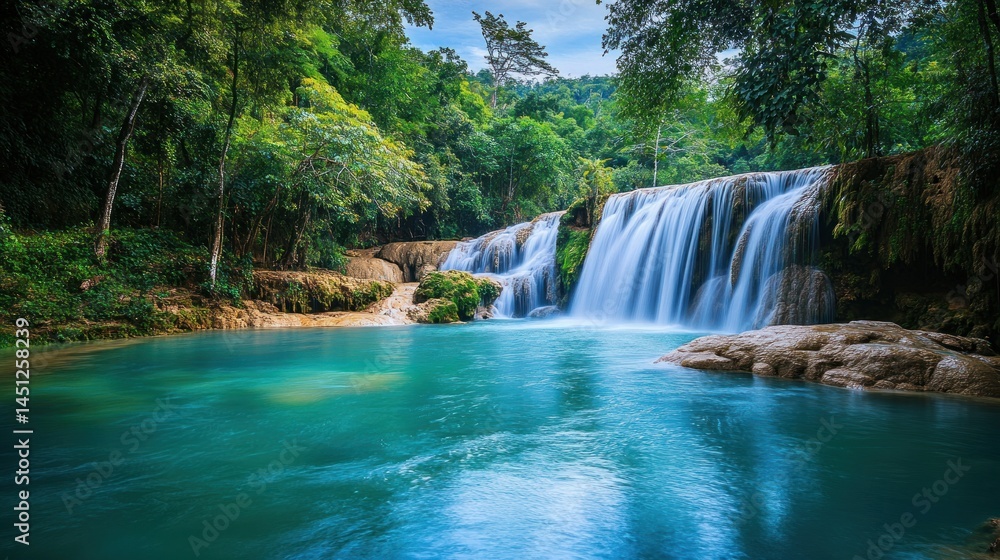 Fototapeta premium Serene Waterfall in Lush Tropical Paradise