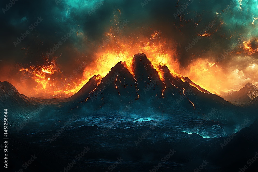 Fototapeta premium Fiery Mountain Peaks with Turquoise Sky, Majestic Landscape with Eruption Effects