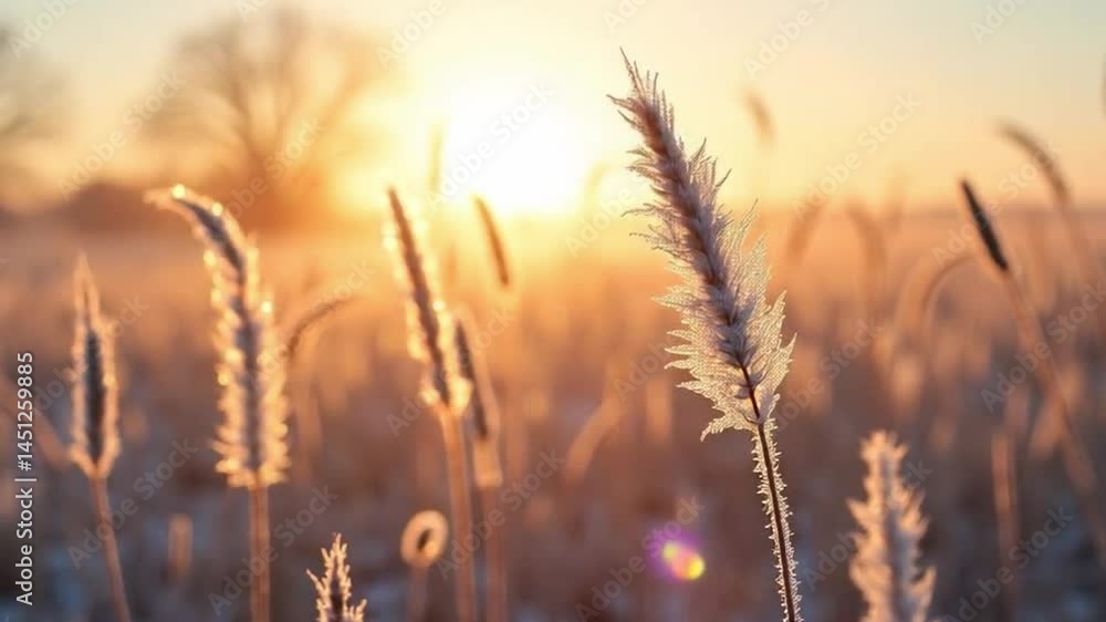 Dreamy sunrise through frosted field, winter landscape view, nature beauty Dreamy sunrise through frosted field, winter landscape view, nature beauty
