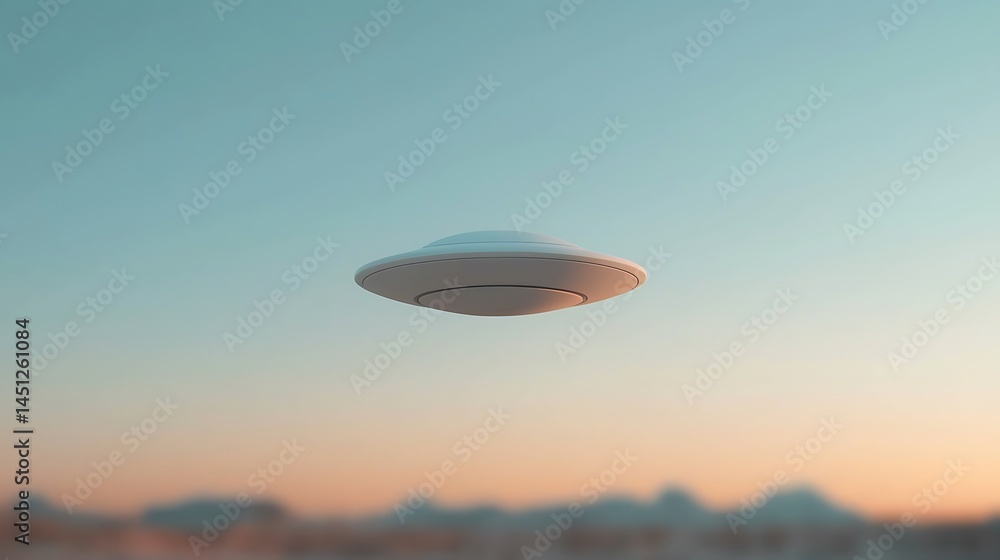 White Low Poly UFO Over Desert Landscape at Sunset White Low Poly UFO Over Desert Landscape at Sunset