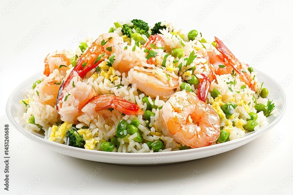 Delicious shrimp fried rice with vegetables served on a white plate, showcasing vibrant colors Delicious shrimp fried rice with vegetables served on a white plate, showcasing vibrant colors