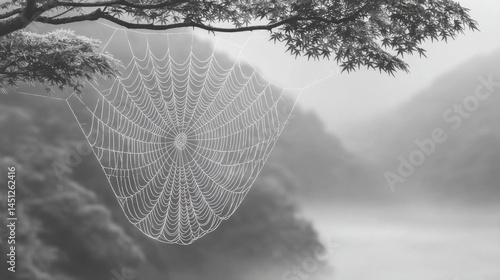 Beautiful black and white image of a delicate spider web in a misty landscape