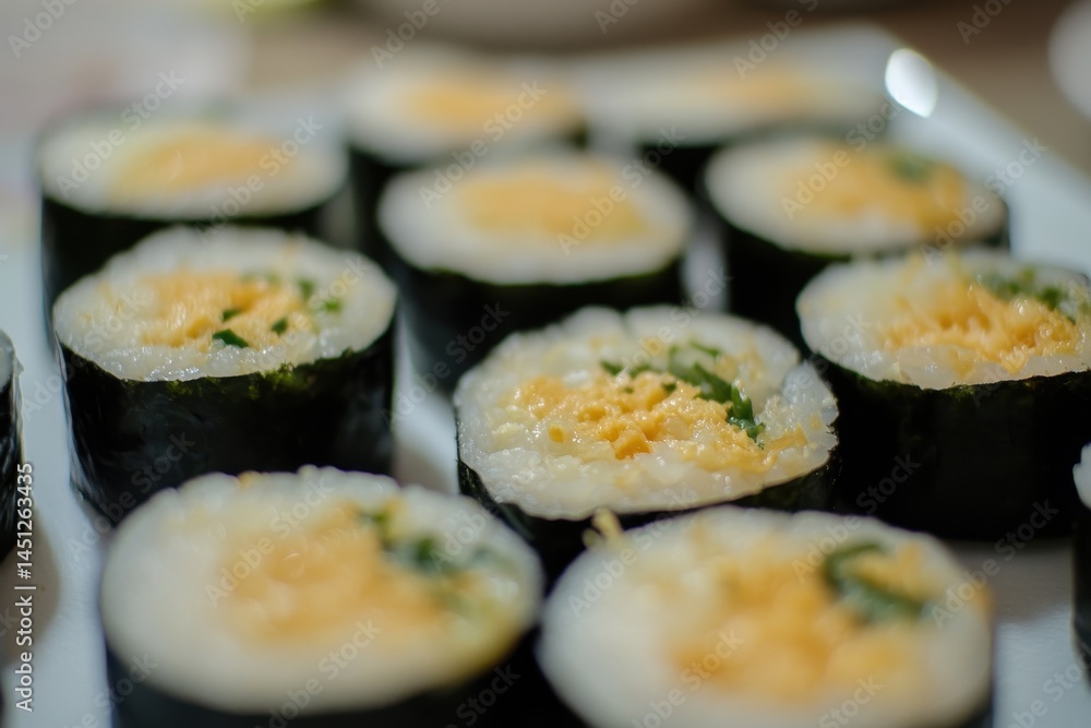 Delicious sushi rolls with creamy filling arranged on a white plate, ready to be served Delicious sushi rolls with creamy filling arranged on a white plate, ready to be served