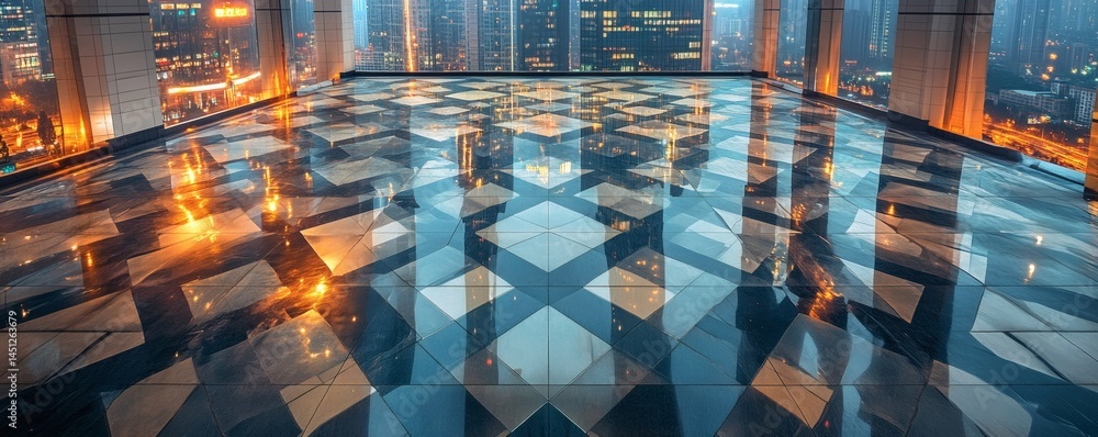 Obraz premium Urban cityscape reflected in a patterned floor.