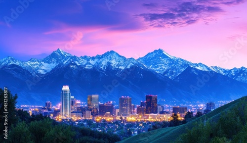 Salt Lake City Skyline at Dusk, Majestic Wasatch Mountains