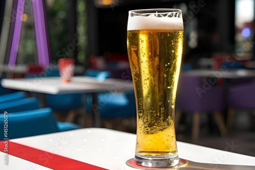 Golden Beer Glass with Frothy Head on White Table – Modern Bar Scene