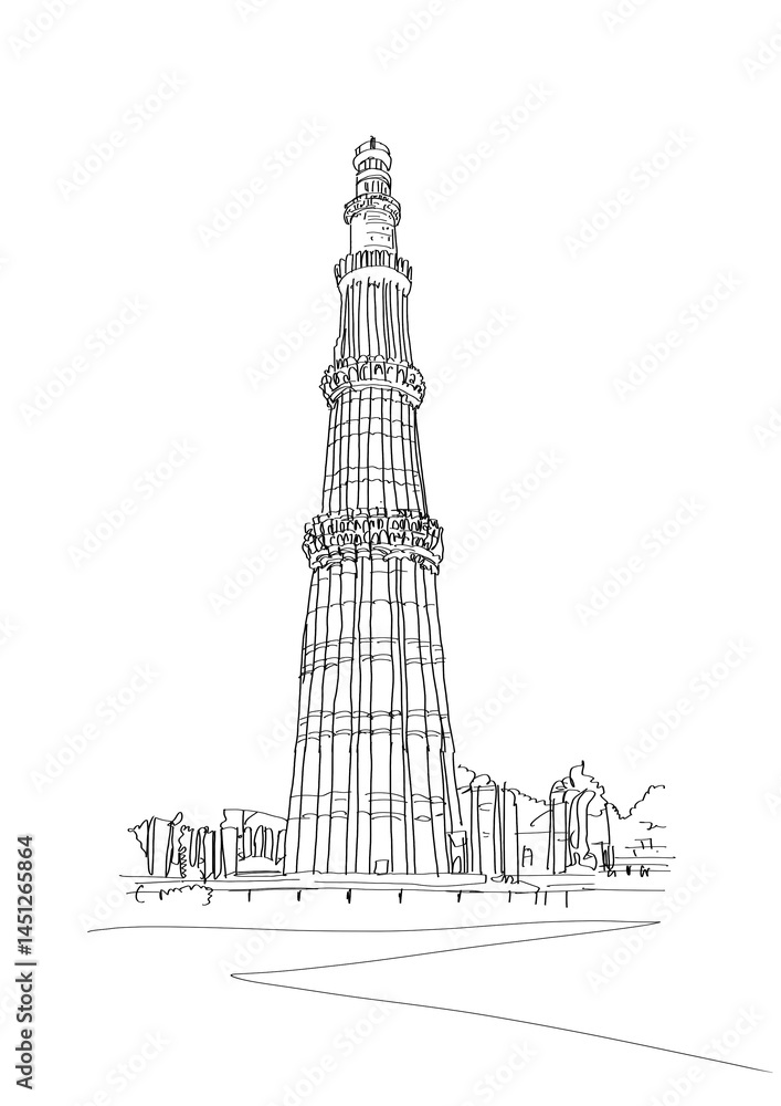 Obraz premium Qutub Minar Mehrauli Delhi India sketch. illustration