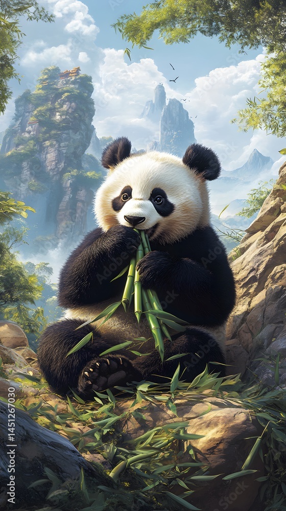 Fototapeta premium A panda chewing bamboo in a peaceful sanctuary