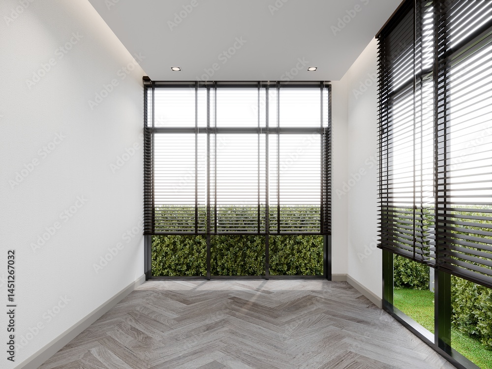 Obraz premium white empty room interior with black wood venetian blind , 3d render
