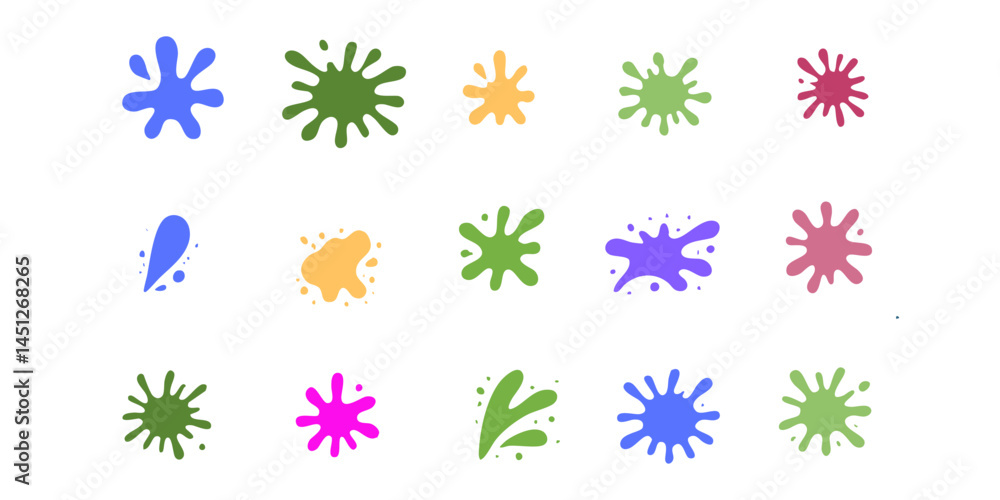 set of ink splat or splash vector illustration . Colored splatters, graffiti spots and ink blots. Paintbrush splotches, ink drips or liquid blobs. Abstract dirty grunge splatter stains