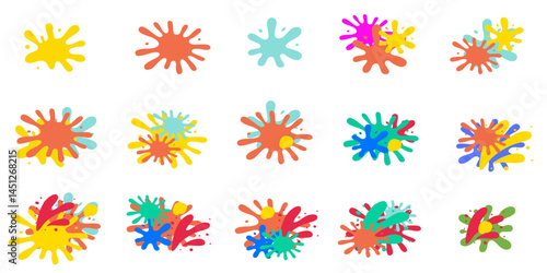 set of ink splat or splash vector illustration . Colored splatters, graffiti spots and ink blots. Paintbrush splotches, ink drips or liquid blobs. Abstract dirty grunge splatter stains