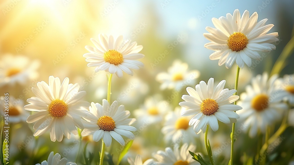 Naklejka premium Close-up of blooming white daisies in a spring garden under sunlight