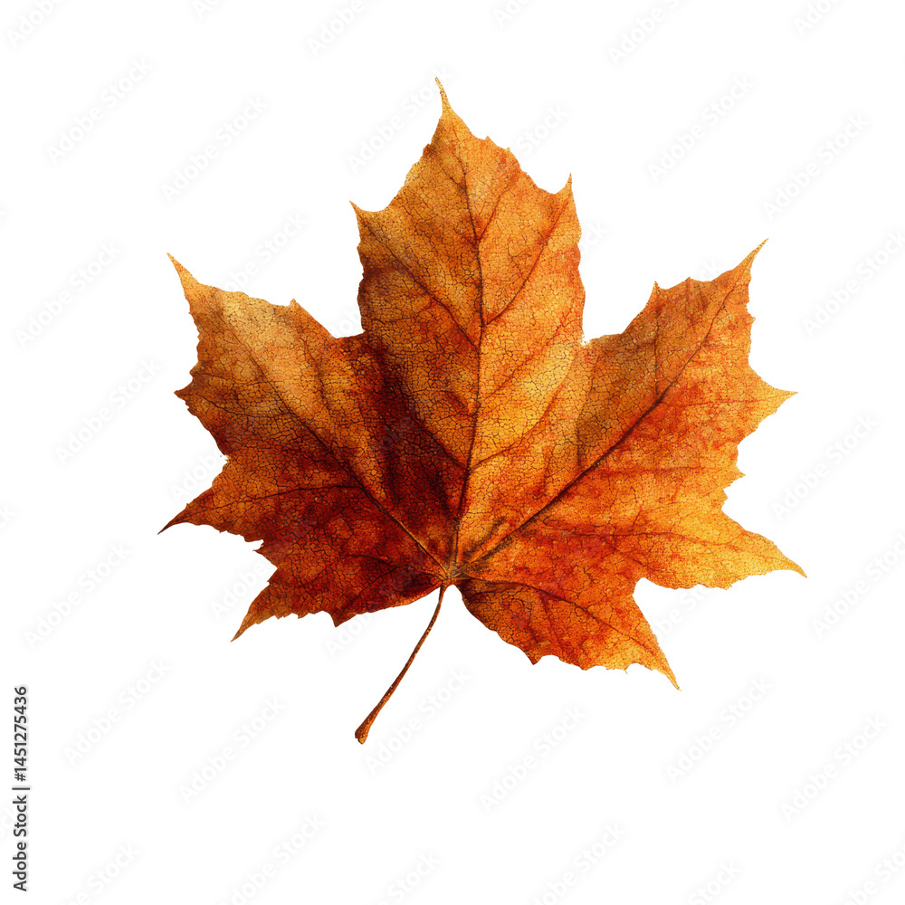 Fototapeta premium Single Dried Orange Maple Leaf Isolated on Green Transparent background