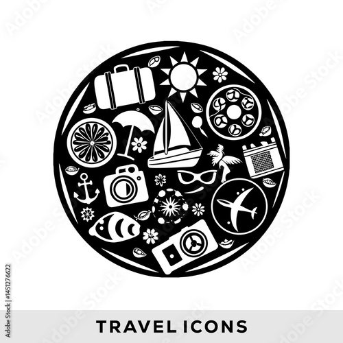 Black and White Round Travel Icons