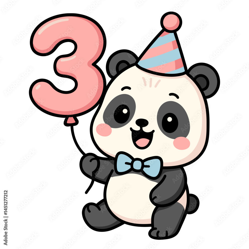 Obraz premium Cute Kawaii Panda Holding Number 3 Balloon - Cartoon Birthday Animal Illustration with Party Hat 