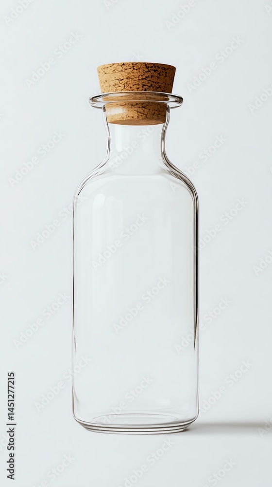 A realistic shot of an empty glass vial with a cork, realistic glass, clean white background, soft lighting A realistic shot of an empty glass vial with a cork, realistic glass, clean white background, soft lighting