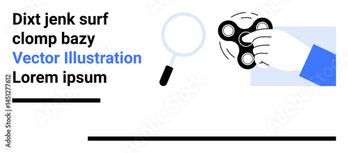 Hand gripping fidget spinner spinning alongside magnifying glass. Ideal for productivity, focus, stress relief, innovation, play, exploration, simple landing page