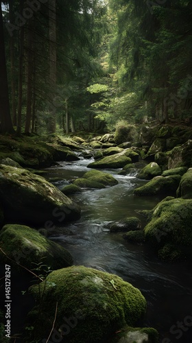 Lush forest stream flowing over mossy rocks, creating a serene and tranquil scene.