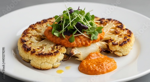 Thick-cut cauliflower steak seared golden brown, topped with romesco sauce and microgreens. Served on a minimalist white plate
