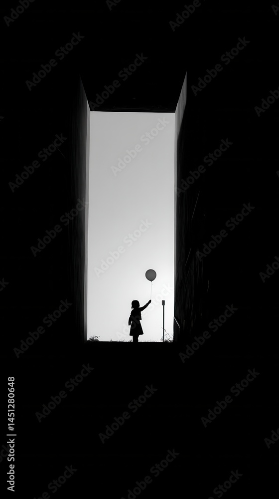 Fototapeta premium Silhouette of a child holding a balloon with negative space above