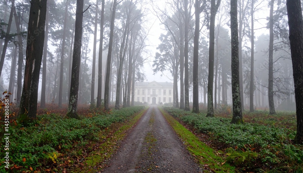 Fototapeta premium Foggy forest path leading to grand manor house landscape