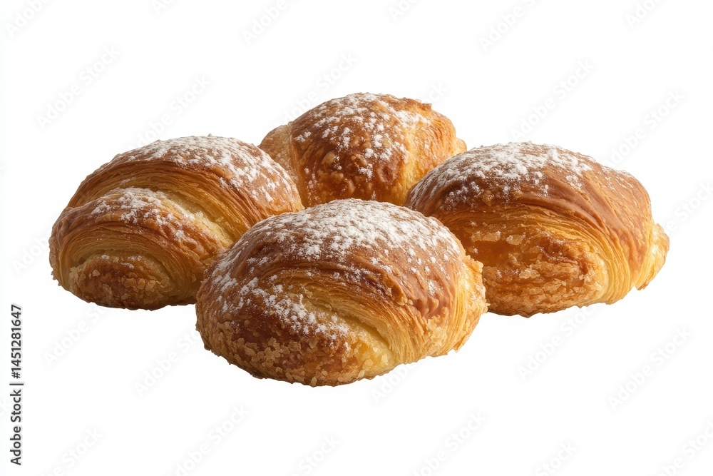 Freshly baked croissants dusted with powdered sugar, arranged appetizingly on a white background Freshly baked croissants dusted with powdered sugar, arranged appetizingly on a white background