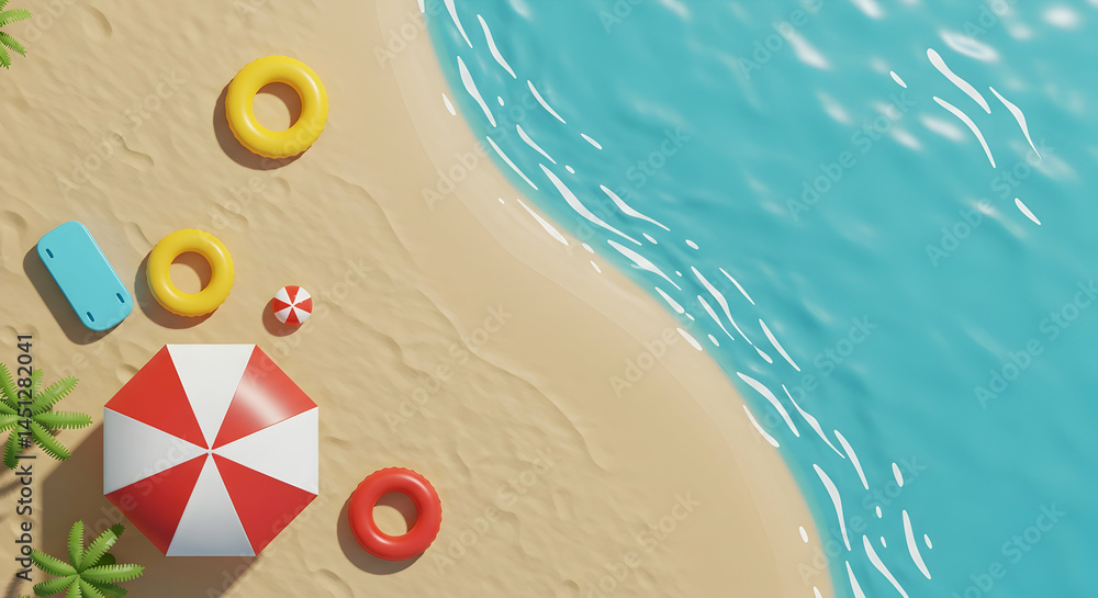 Naklejka premium Colorful Beach Accessories with Umbrella and Waves on Sandy Shore