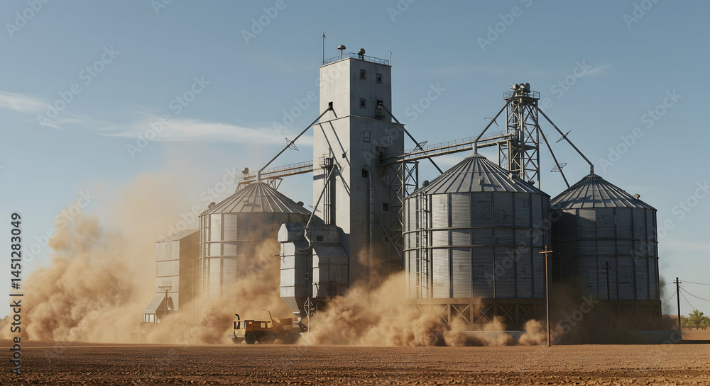 Obraz premium Modern Grain Silos in Operation During Dusty Harvest Season